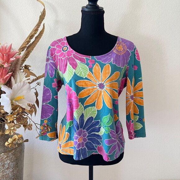 Y2K Retro Floral Colorful Print 100% Cotton Stretch Top - Picture 3 of 8